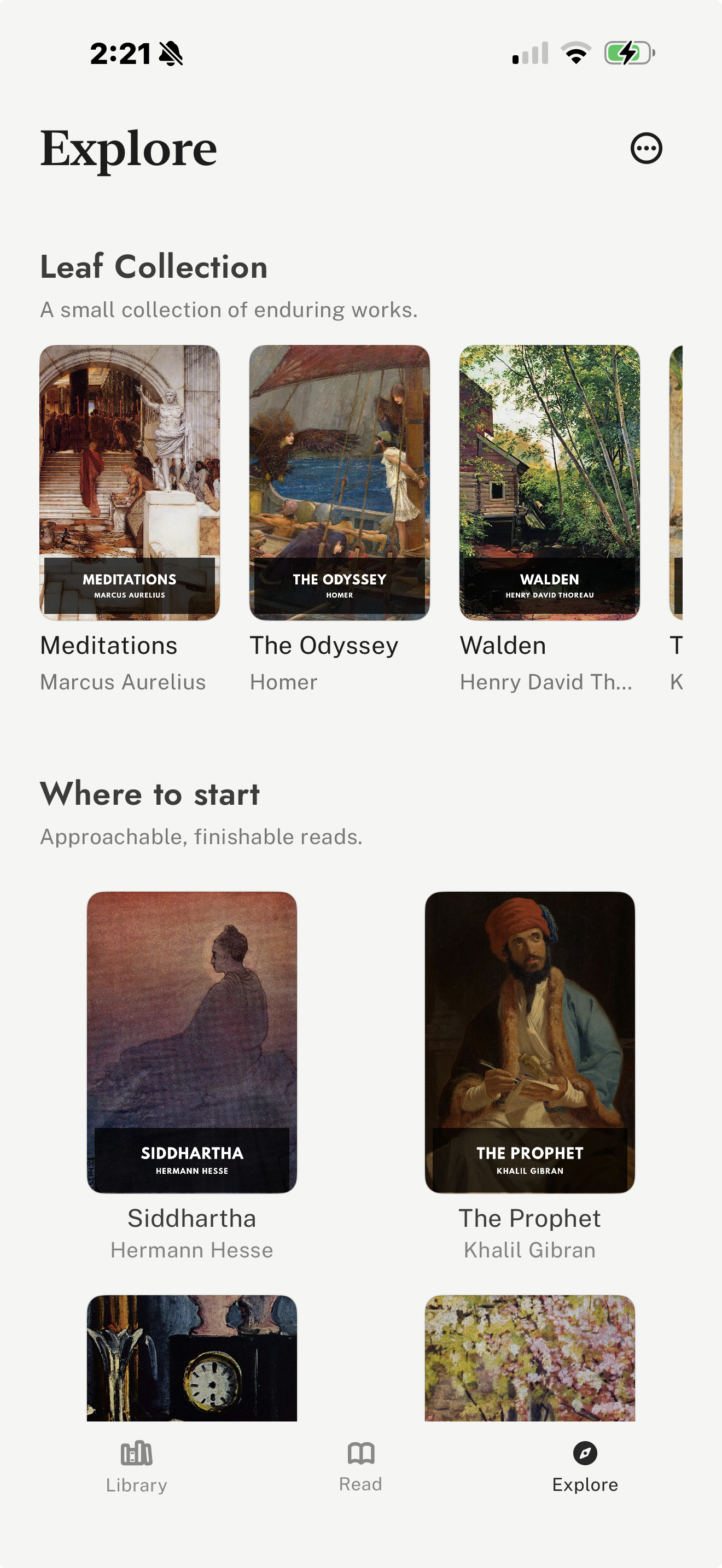 leaf Explore screen showing free classic books on iPhone