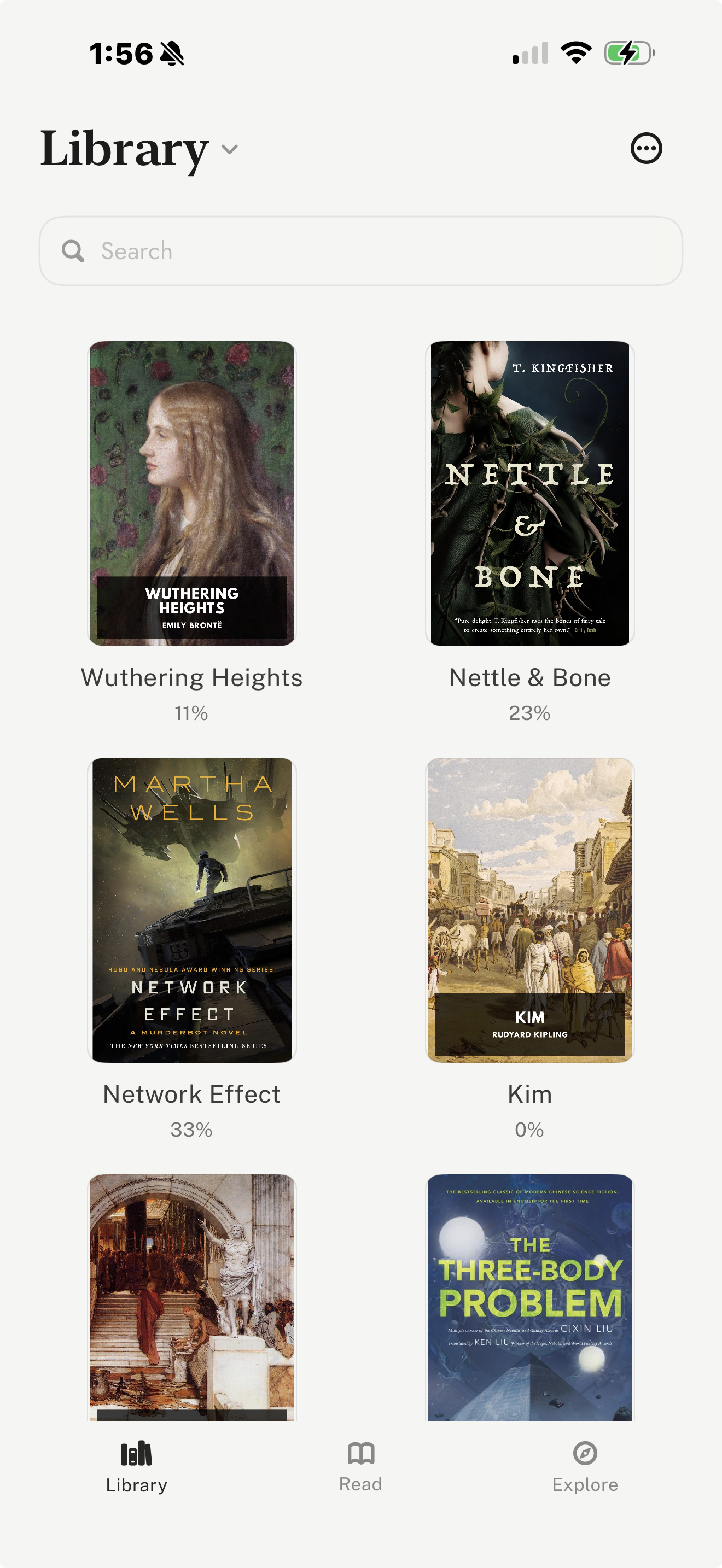 leaf library screen showing a personal book collection on iPhone