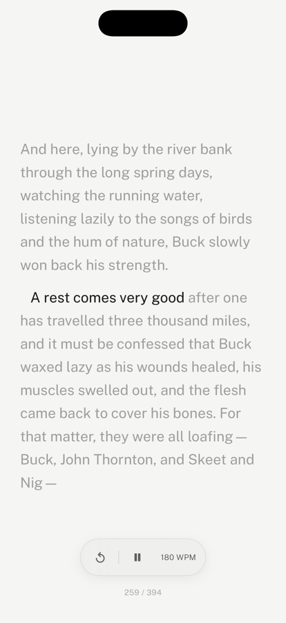 Read-along mode in leaf on iPhone, with the current line at full strength and the surrounding text softened but still readable
